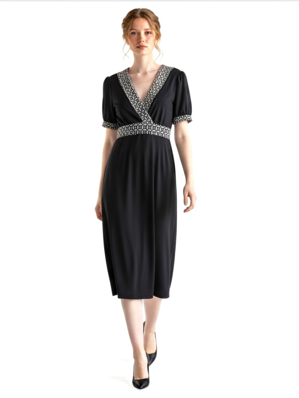 Merona Black Faux Wrap Midi Dress Geometric Trim Size M Excellent Condition